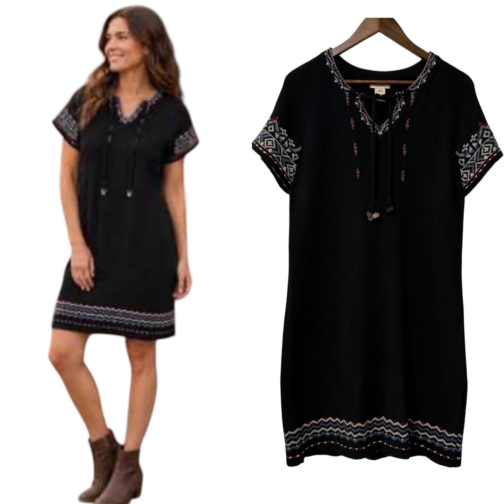 Sundance Sweater Dress Women M Black Boho Southwestern Lambswool Knit Boho Layer